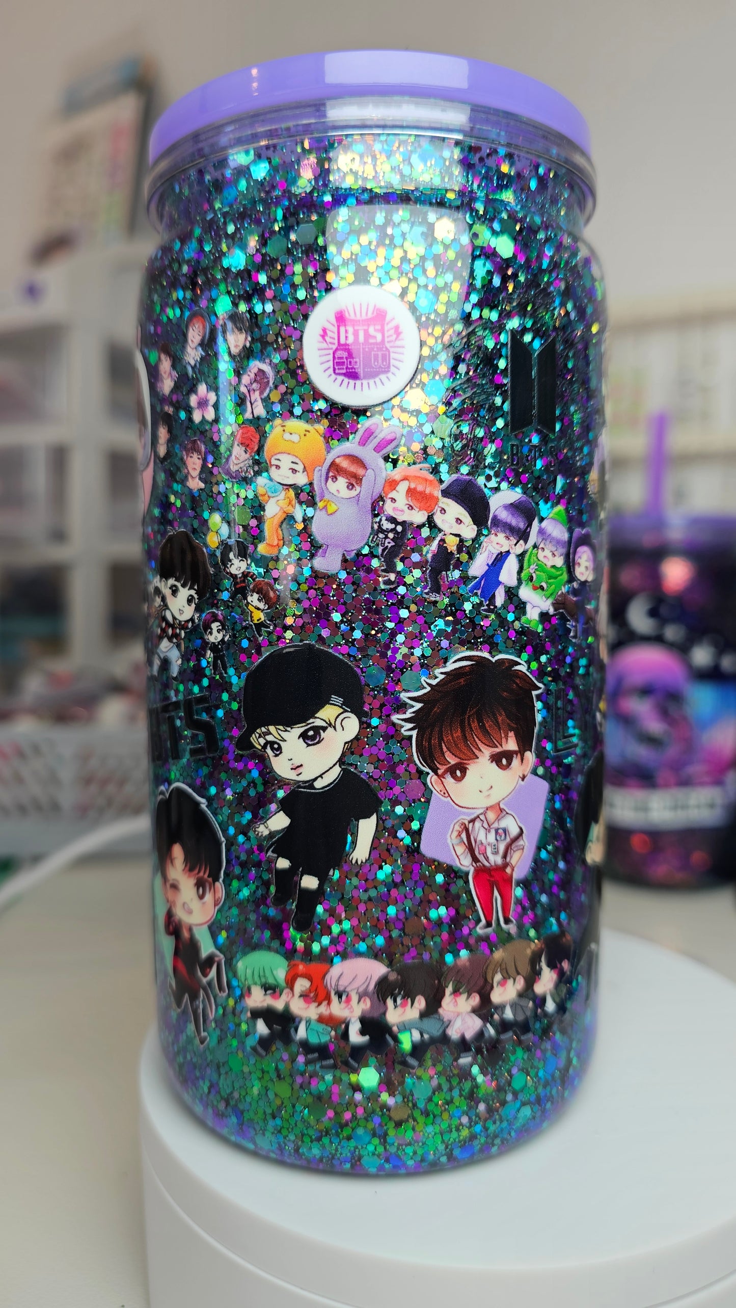 BTS Kpop Snow Globe Tumbler Cup 16 oz Color Shifting Glitter