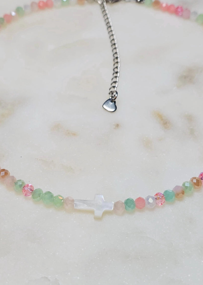 She Is Grace™ Mother of Pearl Cross Necklace | Dainty Jewelry| Multicolored Faceted Glass Rondelle Beaded Choker | Faith | Gift For Her | Stainless Steel