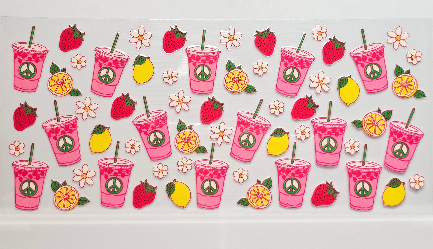 Pink Peace Sign Hippie Drinks with Lemons and Strawberries Drink UVDTF Wrap 16 oz