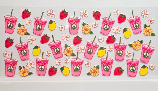 Pink Peace Sign Hippie Drinks with Lemons and Strawberries Drink UVDTF Wrap 16 oz