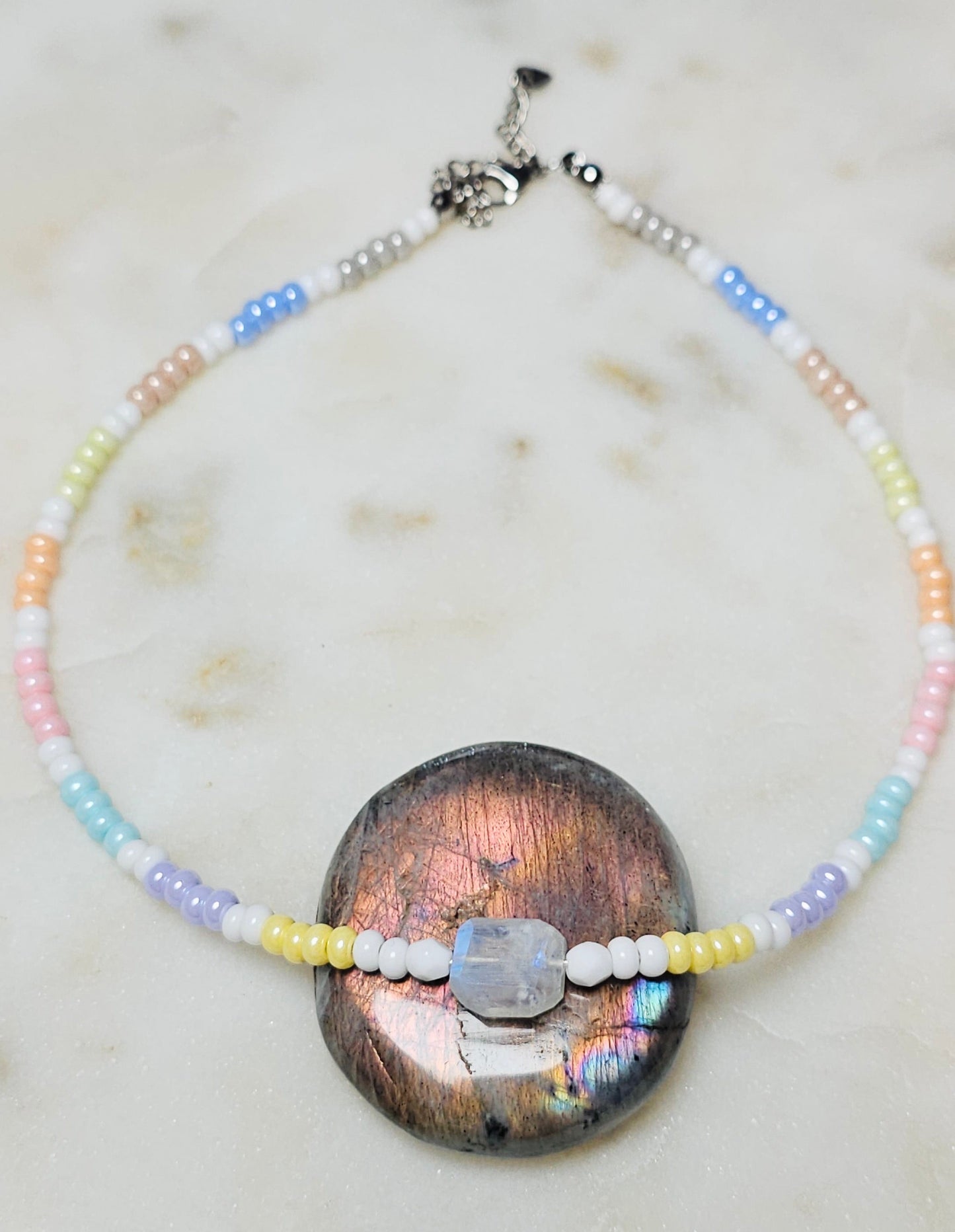 Dainty Moonstone Necklace | Czech Pastel Seed Beads Moonstone | Sacred Feminine | Handmade Gemstone Jewelry | Spiritual Gift for Women