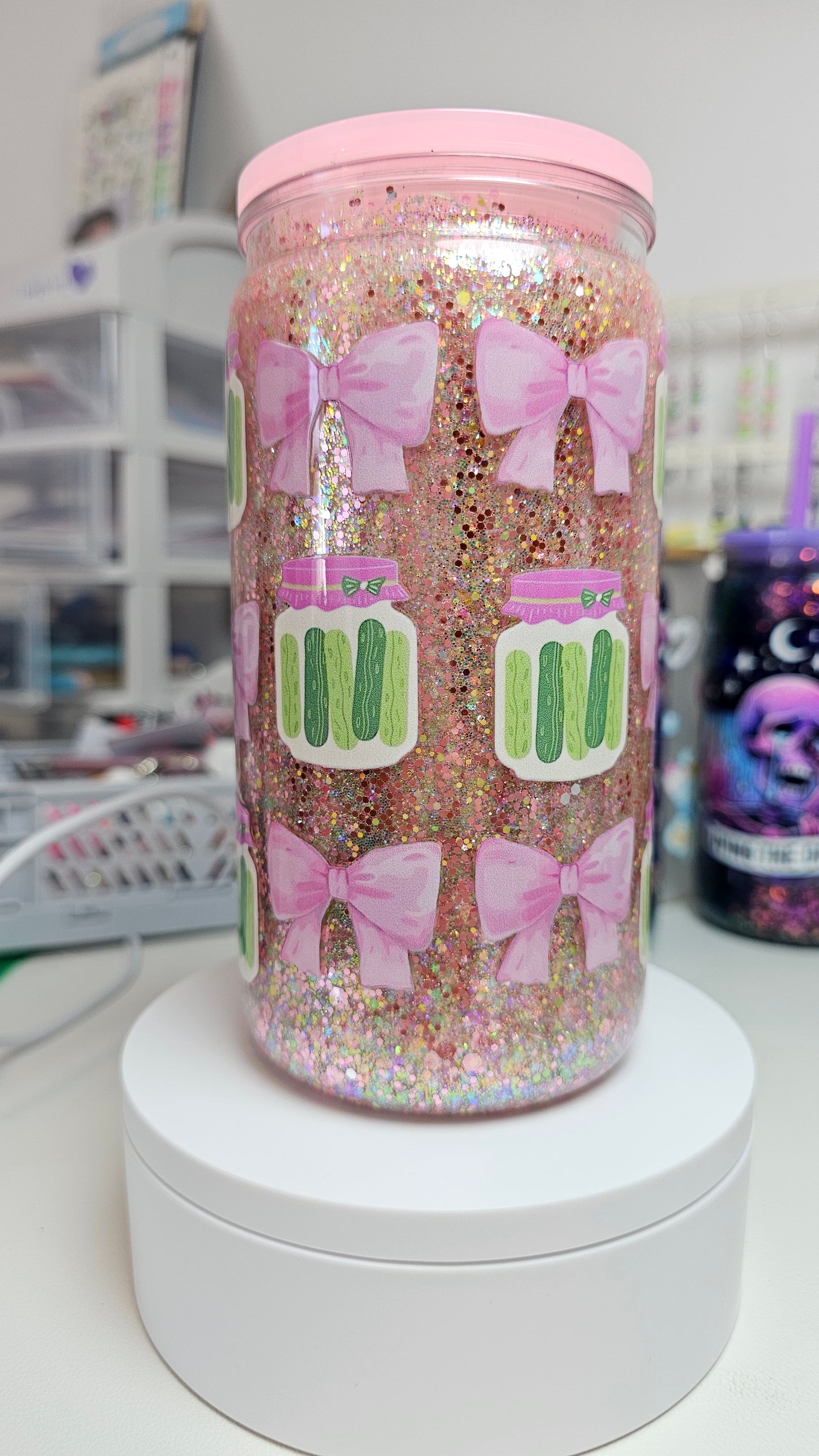 Pink Pickle Snow Globe Tumbler Cup 16 oz Pink Glitter