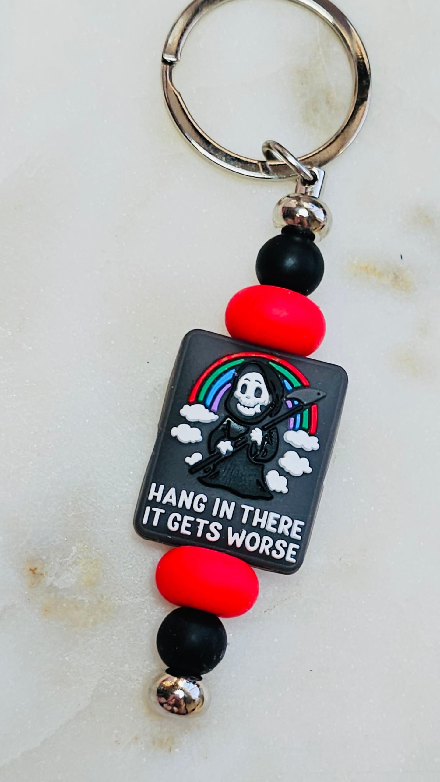 Hang in There it Gets Worse Funny Keychain | Beaded Keychain | Sarcastic Gift | Bag Charm | Purse Accessory | Gag Gift for Her