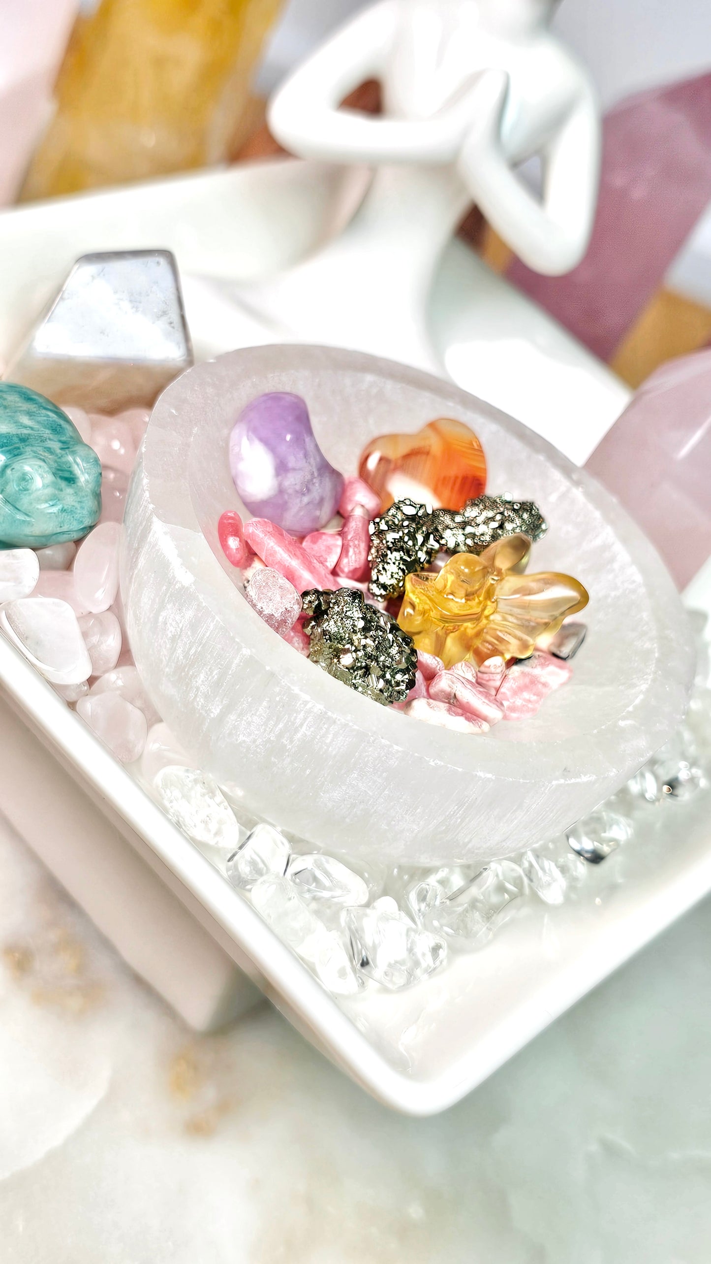 Sitting With Safe Love™ Healing Crystal Altar Set | Selenite Meditation Altar Dish, Rose Quartz, Pyrite, Lepidolite, Moonstone | Spiritual Gift | Crystals