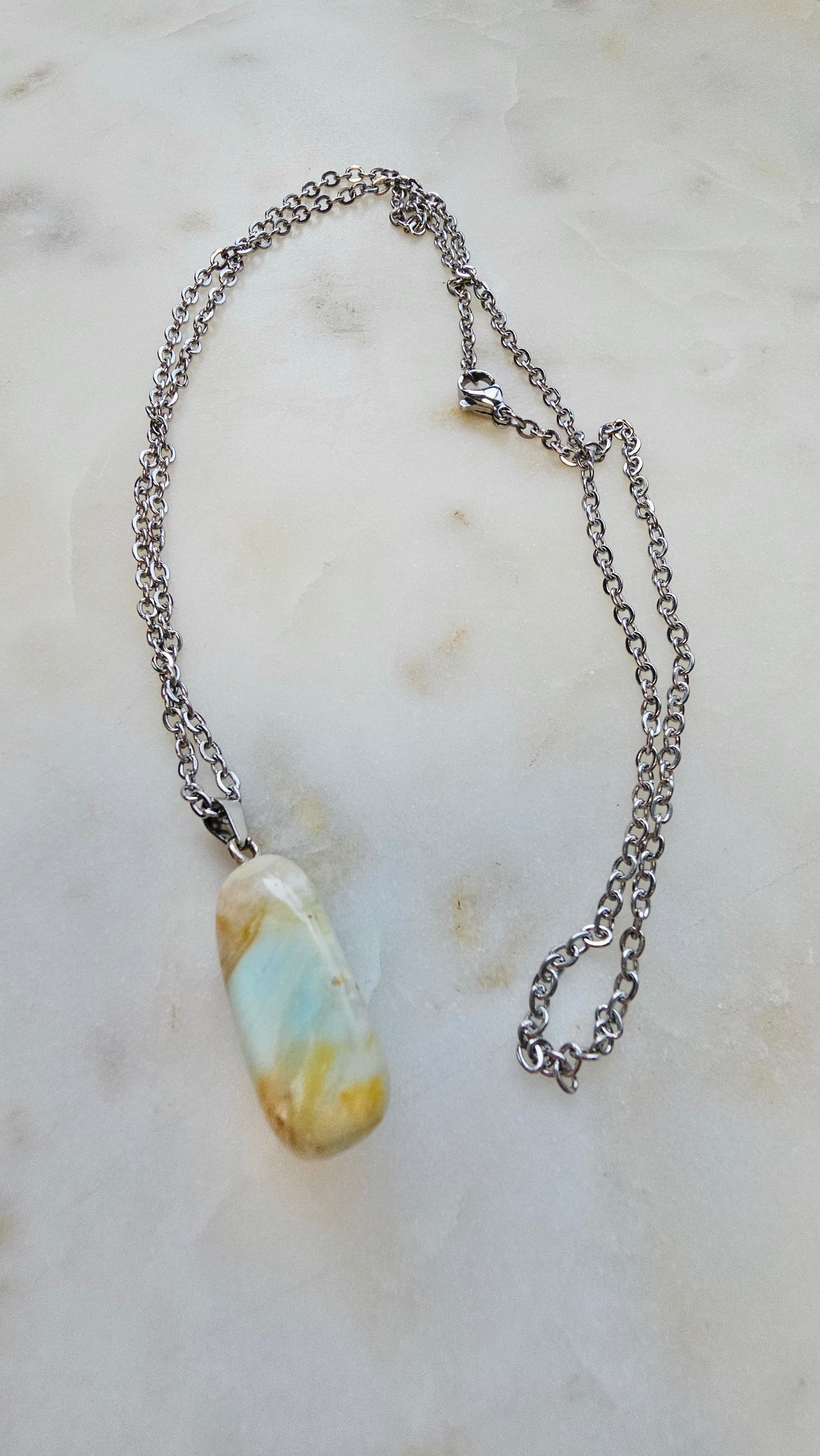 Amazonite Crystal Charm with Stainless Steel Chain | Calming Peaceful Beachy Necklace | Long Chain 24”