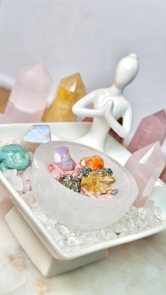 Sitting With Safe Love™ Healing Crystal Altar Set | Selenite Meditation Altar Dish, Rose Quartz, Pyrite, Lepidolite, Moonstone | Spiritual Gift | Crystals