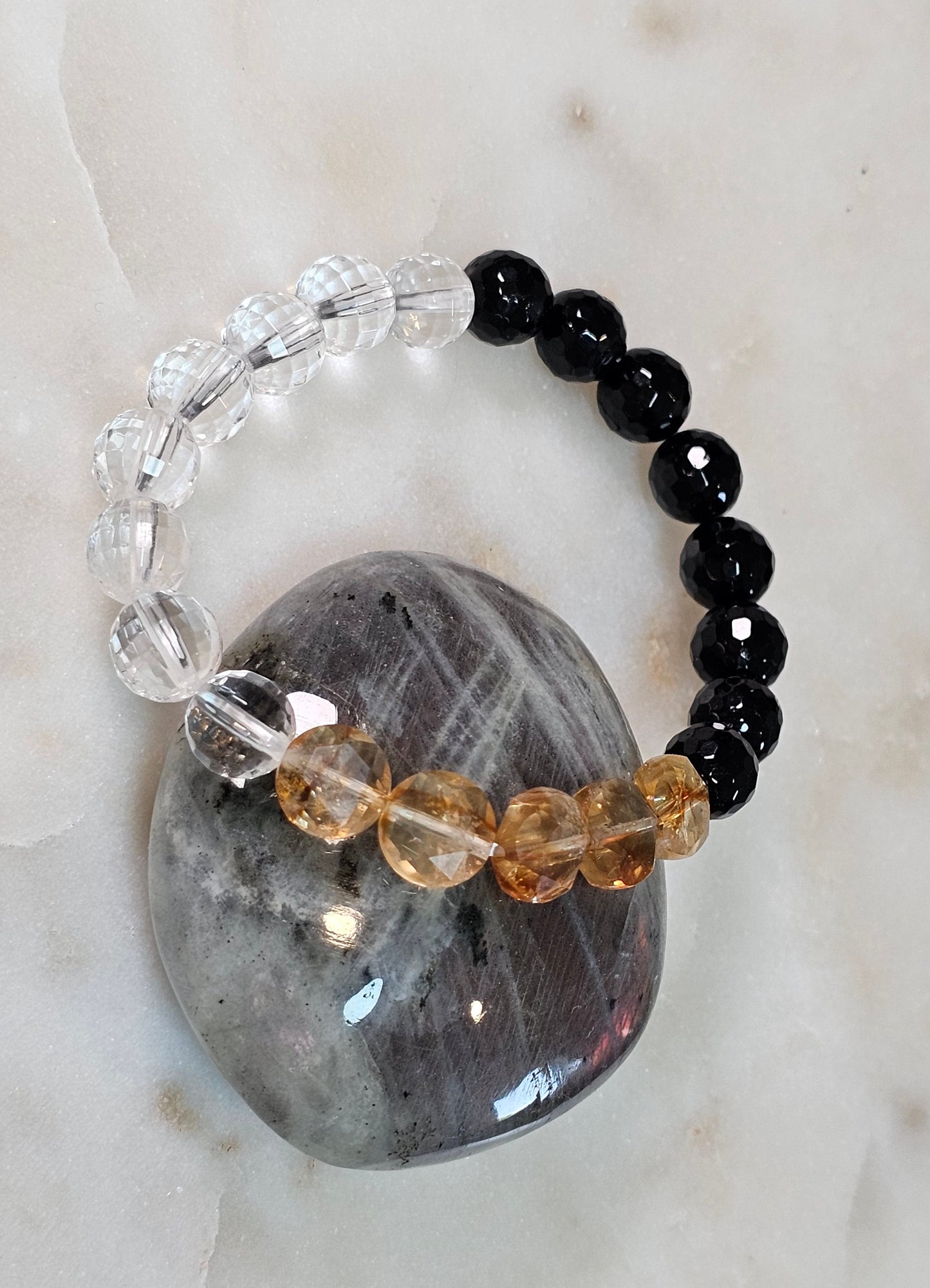 Safe to Receive™ Citrine Coin Bracelet | AAA Black Tourmaline 8mm | AAA Clear Quartz 8mm | Gold Coin Abundance & Protection Energy Bracelet | Stretch Crystal Bracelet