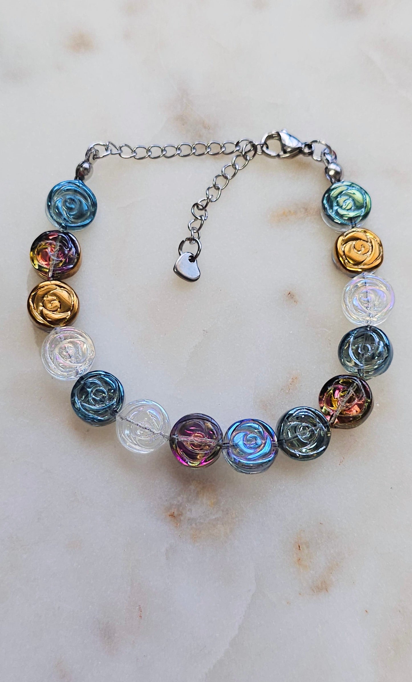 Color Shifting Glass Flowers Bracelet | Adjustable Bracelet | Heart Jewelry | Raver Bracelet | Girly Bracelet | Fairy Core
