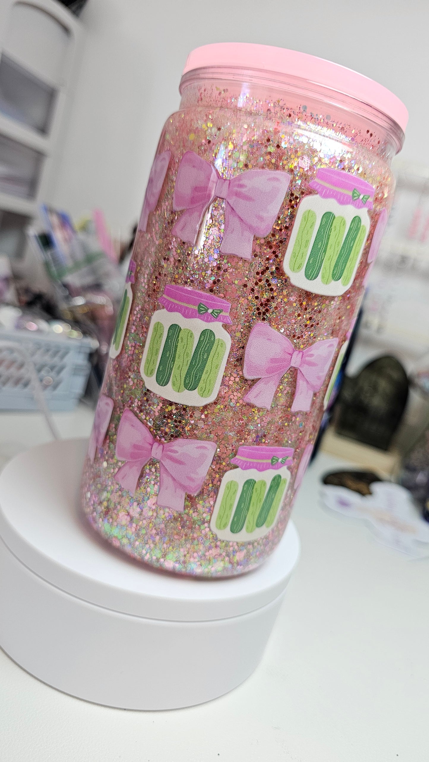 Pink Pickle Snow Globe Tumbler Cup 16 oz Pink Glitter