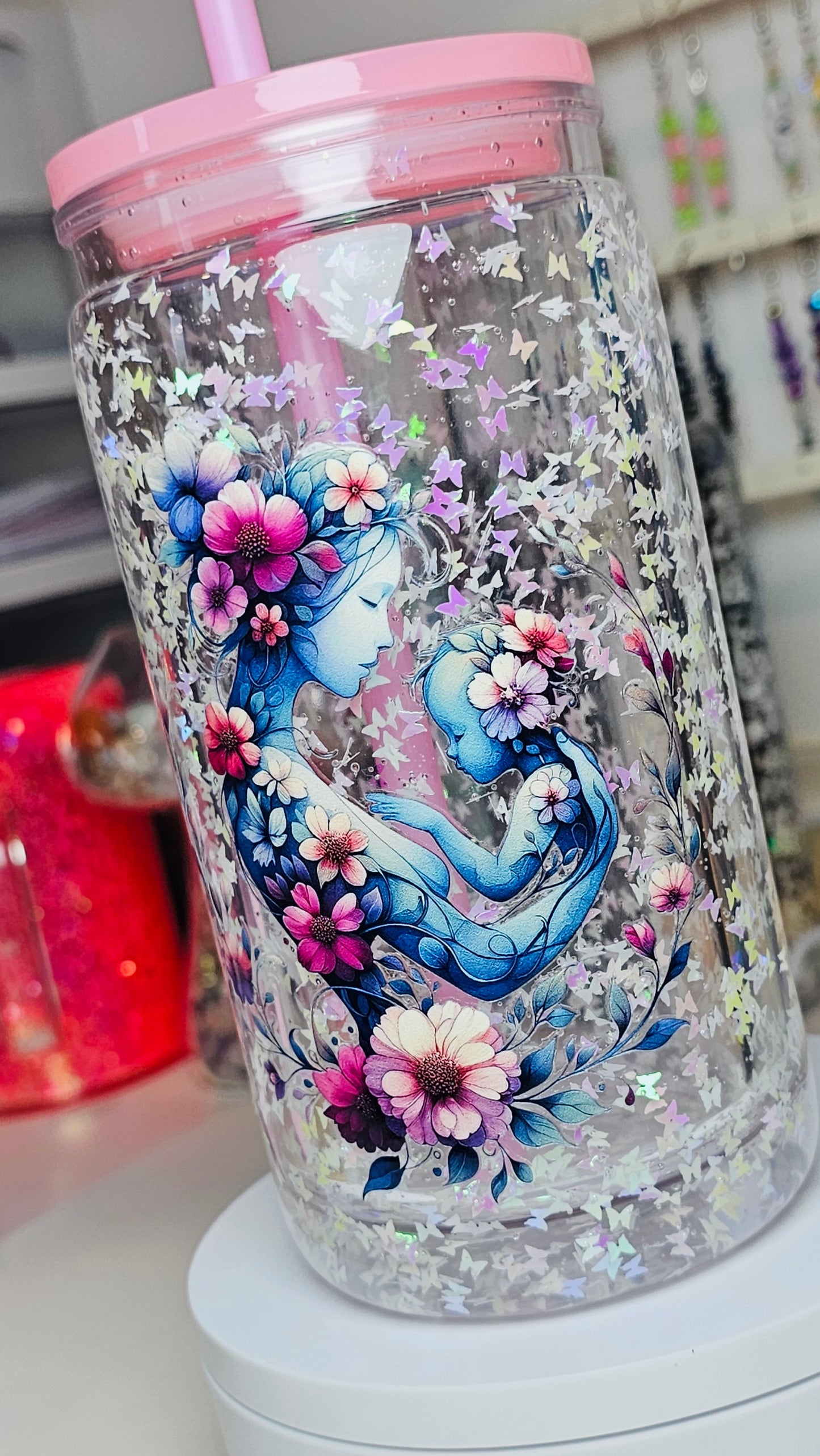 Mothers Day Mom with Baby Holographic Butterfly Glitter Snow Globe Tumbler Cup 16 oz