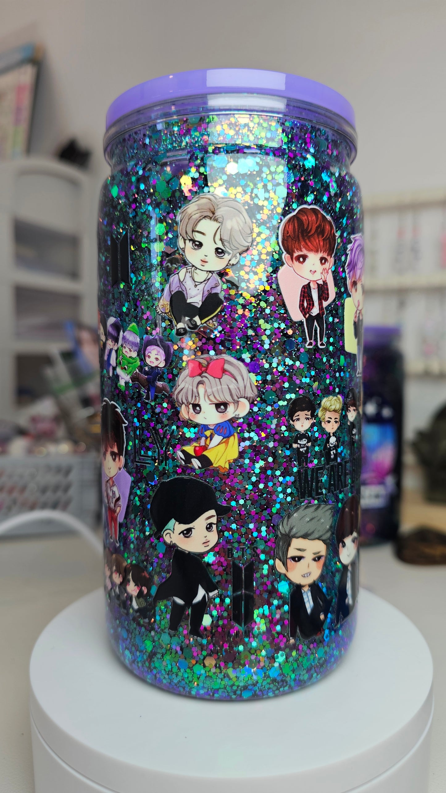 BTS Kpop Snow Globe Tumbler Cup 16 oz Color Shifting Glitter