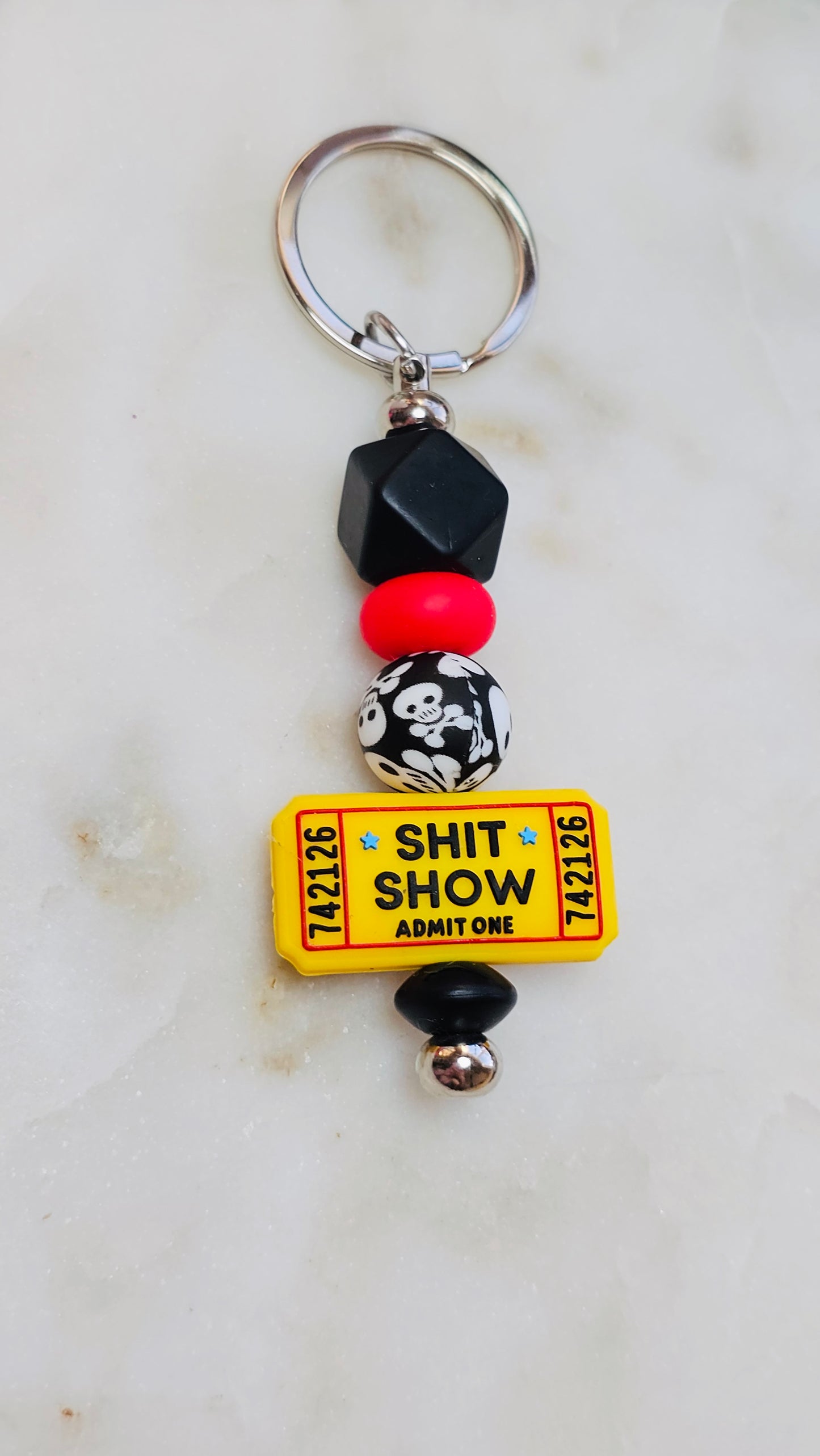 Skulls & Ticket to Shit Show Funny Keychain | Beaded Keychain | Sarcastic Gift | Bag Charm | Purse Accessory | Gag Gift for Her