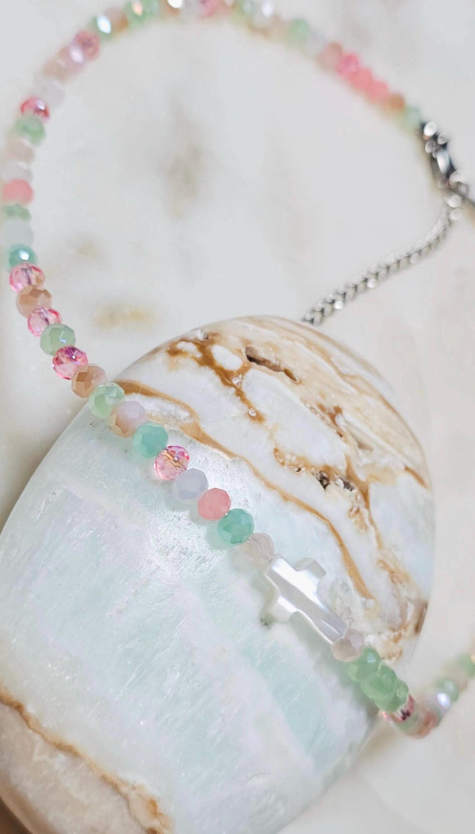 She Is Grace™ Mother of Pearl Cross Necklace | Dainty Jewelry| Multicolored Faceted Glass Rondelle Beaded Choker | Faith | Gift For Her | Stainless Steel