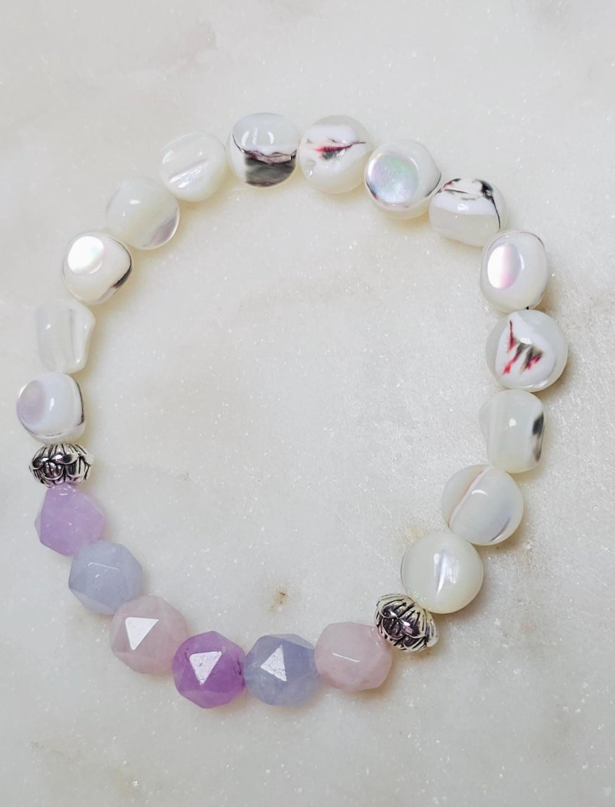 She Is Adored™ Aquamarine Amethyst Rose Quartz Mother of Pearl Bracelet | Divine Feminine Crystal Jewelry | Self Love Gift For Her