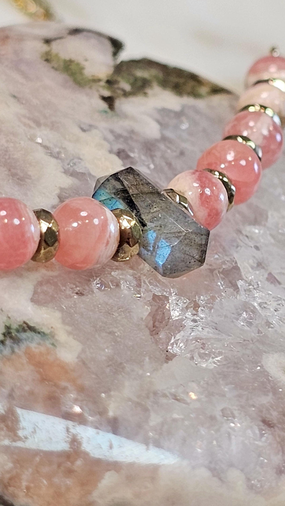 Rose Eclipse™ Necklace | Rhodochrosite Labradorite Gold Hematite Crystal Necklace | Heart Healing Intuition Protection Jewelry | Self Love