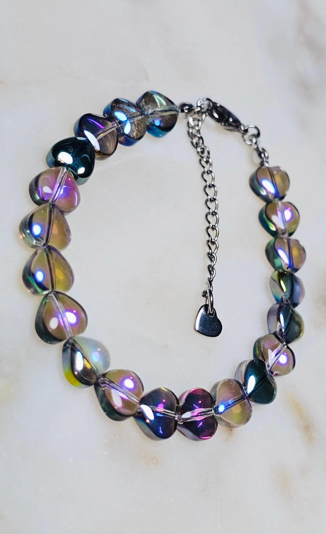 Color Shifting Glass Hearts Bracelet | Adjustable Bracelet | Heart Jewelry | Stainless Steel
