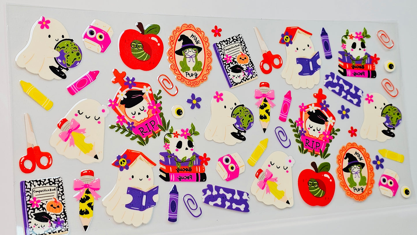 TEACHER GIFT Halloween Ghosties Skulls Books Apples UVDTF Wrap 16 oz