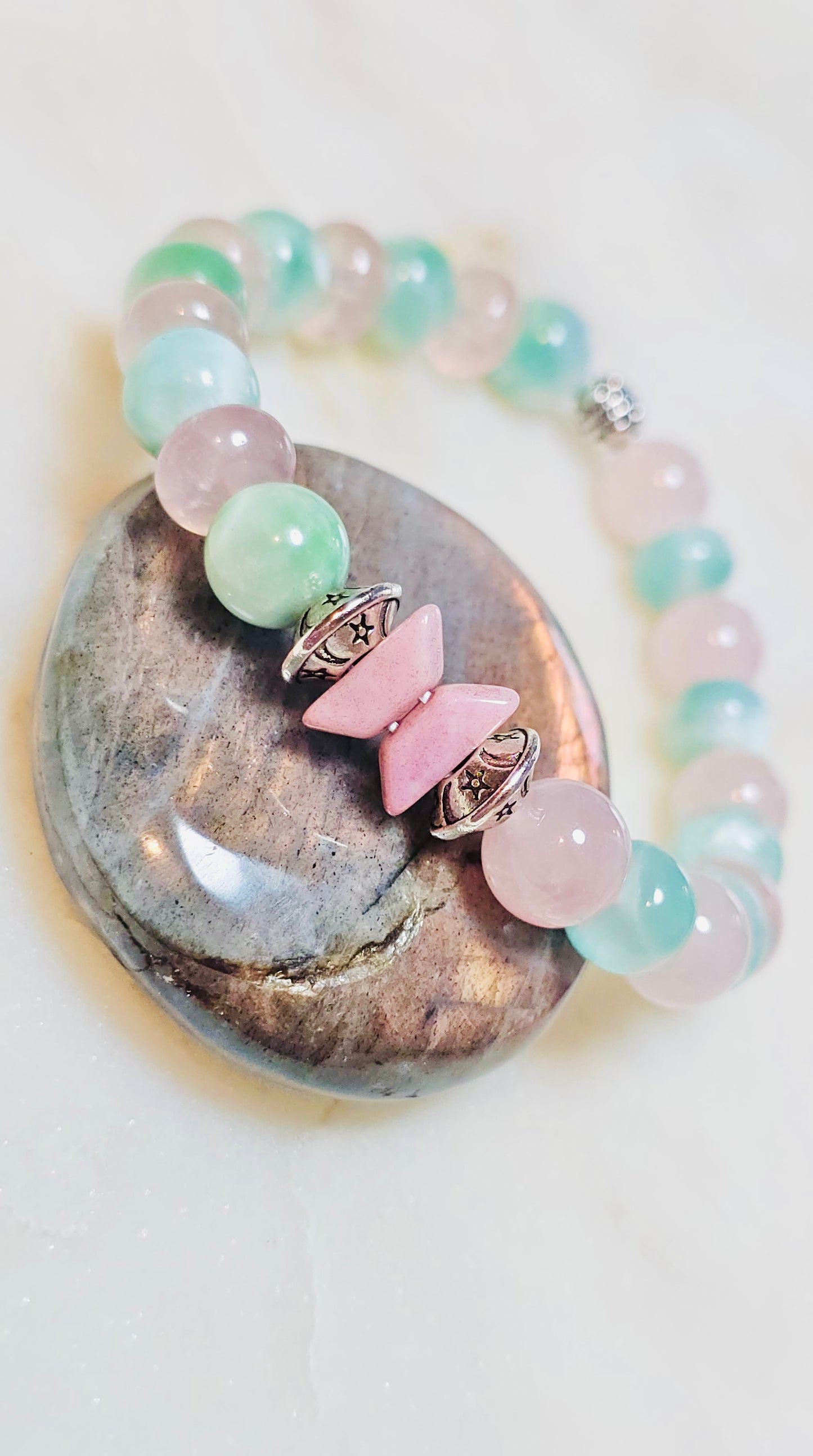 BTS “Spring Day” Healing Crystal Bracelet – Green Moonstone and Rose Quartz Self Love, & Energy Jewelry