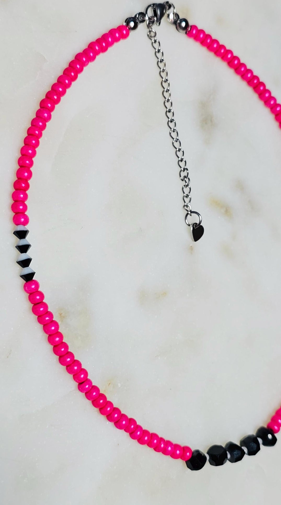 Not Today™ Black Tourmaline Clear Quartz Hot Pink Czech Bead Choker | Protection Crystal Necklace | Handmade Jewelry | Summer Neon Choker