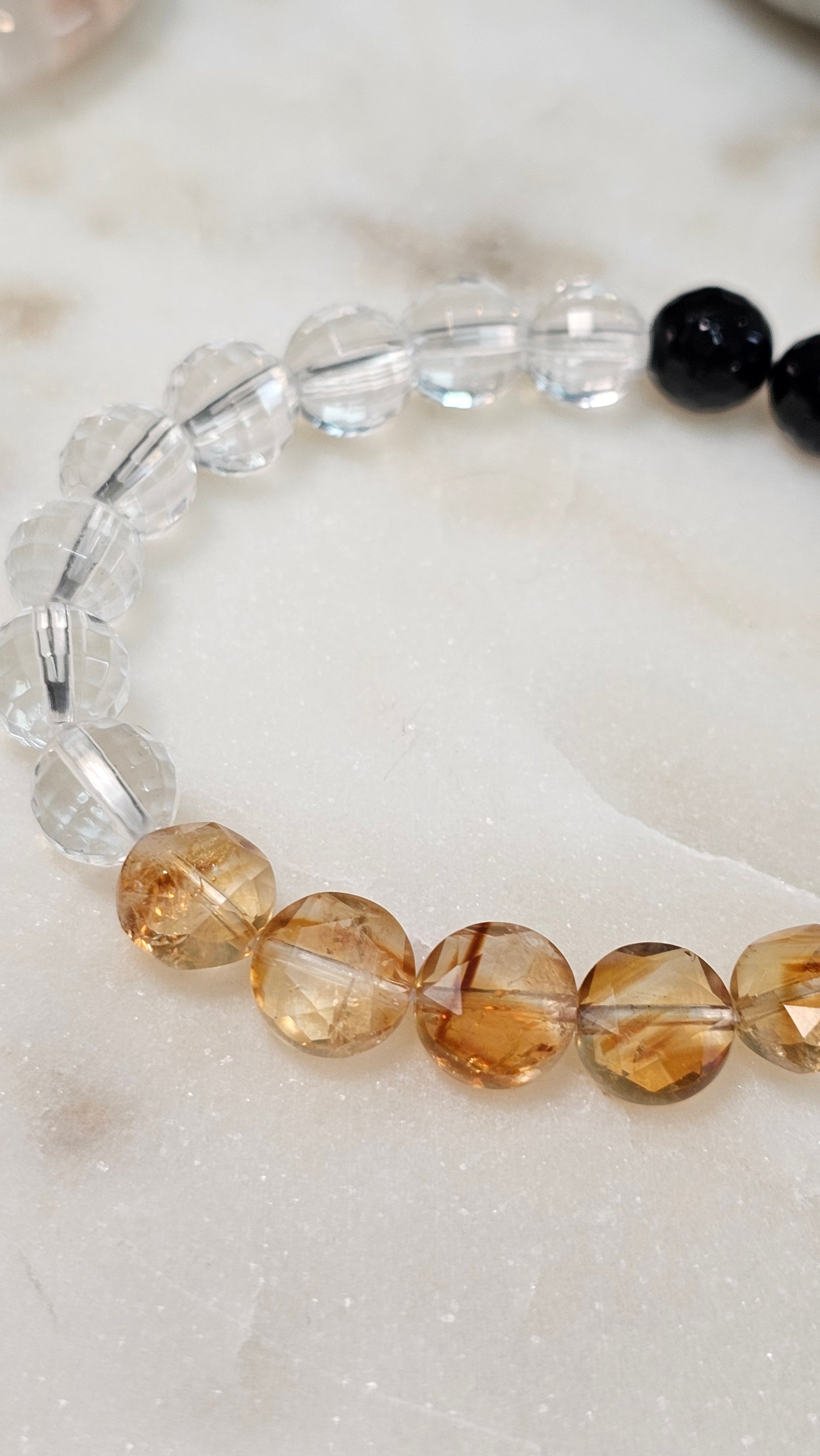 Safe to Receive™ Citrine Coin Bracelet | AAA Black Tourmaline 8mm | AAA Clear Quartz 8mm | Gold Coin Abundance & Protection Energy Bracelet | Stretch Crystal Bracelet