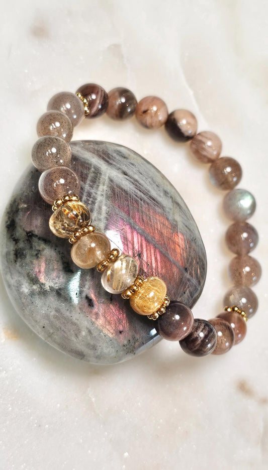 Inner Fire™  | AAA Red Labradorite, Golden Rutile Quartz, Black Moonstone Bracelet | Crystal Jewelry for Confidence, Truth & Personal Power