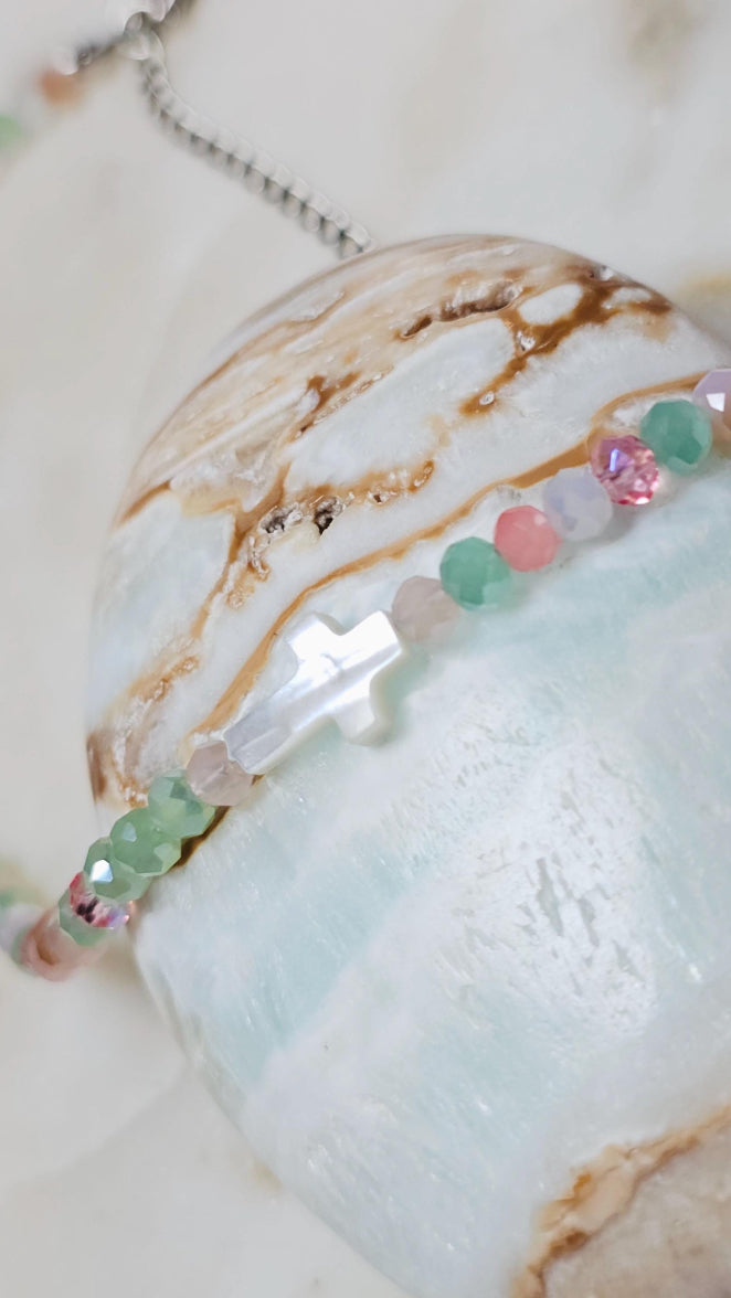 She Is Grace™ Mother of Pearl Cross Necklace | Dainty Jewelry| Multicolored Faceted Glass Rondelle Beaded Choker | Faith | Gift For Her | Stainless Steel