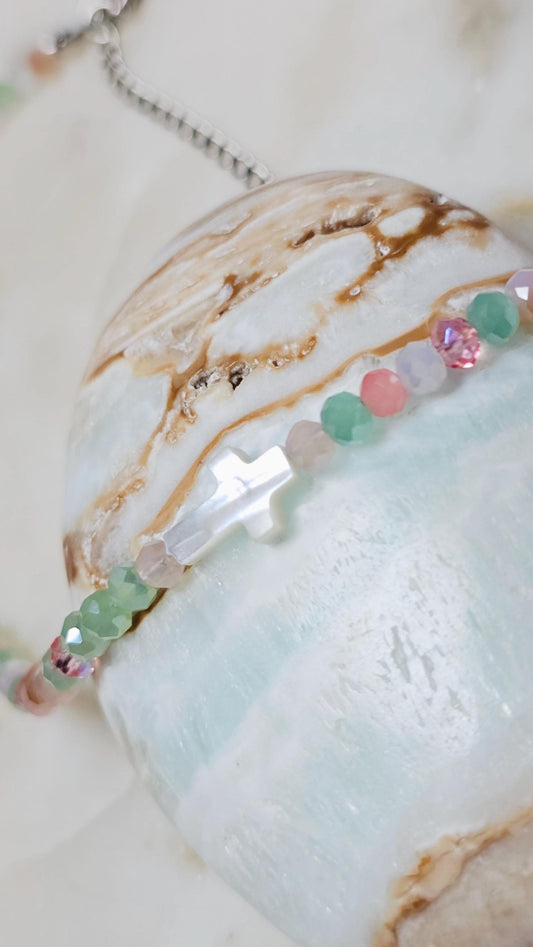 She Is Grace™ Mother of Pearl Cross Necklace | Dainty Jewelry| Multicolored Faceted Glass Rondelle Beaded Choker | Faith | Gift For Her | Stainless Steel