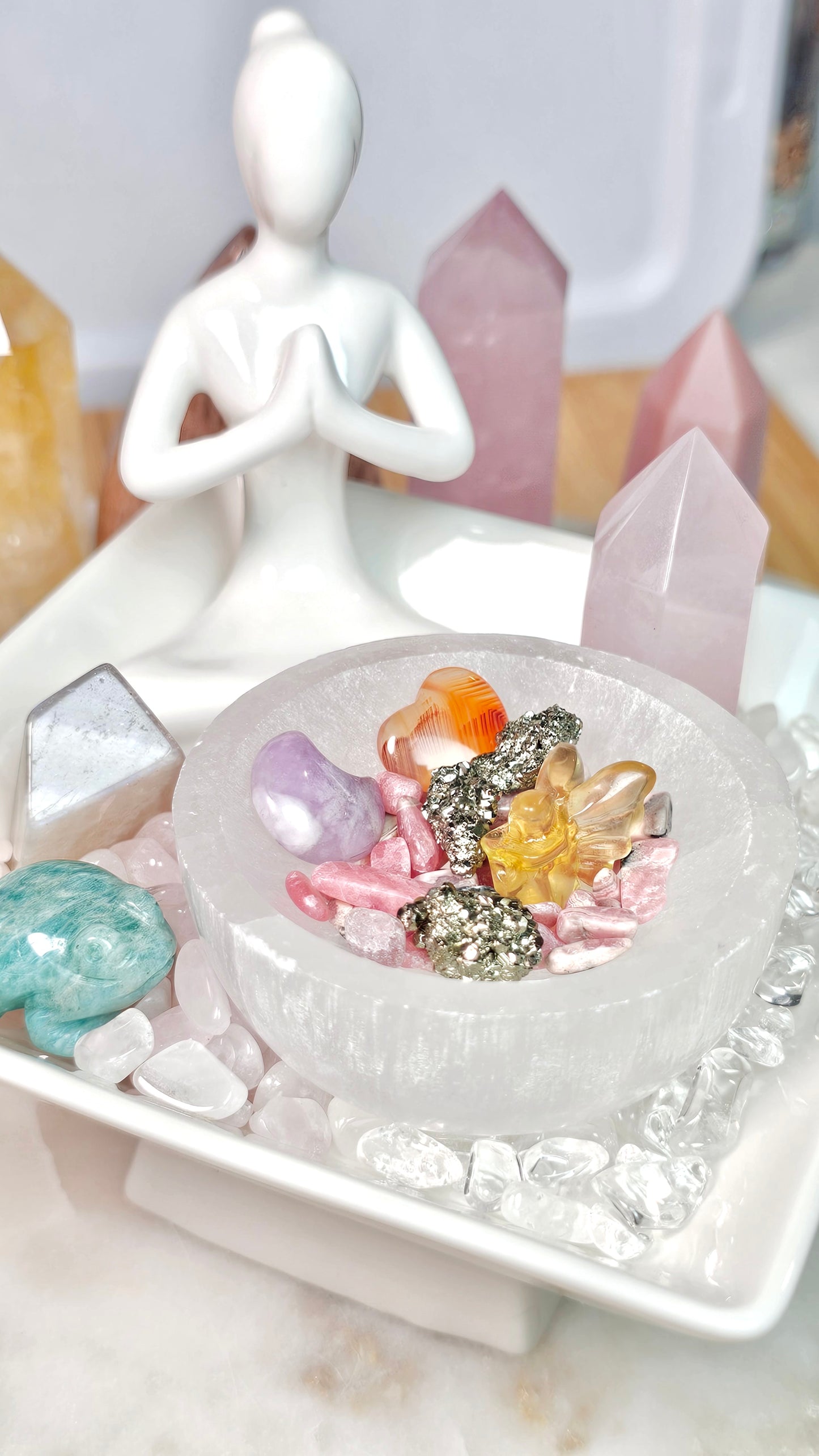 Sitting With Safe Love™ Healing Crystal Altar Set | Selenite Meditation Altar Dish, Rose Quartz, Pyrite, Lepidolite, Moonstone | Spiritual Gift | Crystals