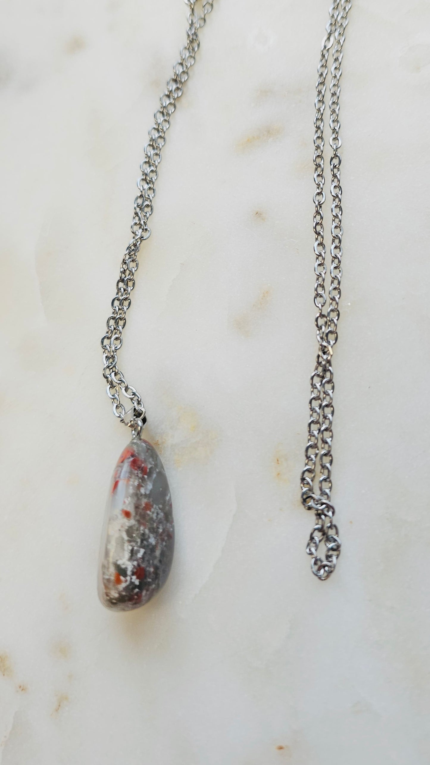 BloodStone Crystal Charm with Stainless Steel Chain | Mental Clarity Crystal Necklace | Long Chain 24”