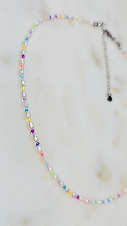 Prism™ Choker | Dainty Pearl & Czech Neon Seed Bead Necklace | Summer Neon Rave Jewelry | Y2K Festival Jewelry