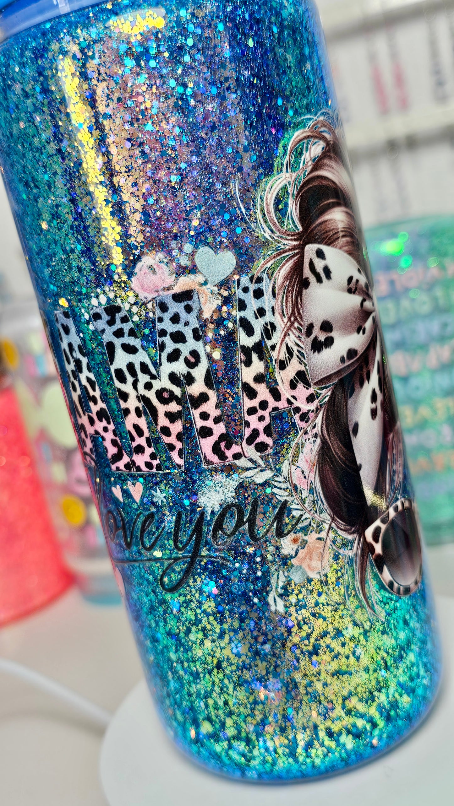 Mama Holographic Color Shifting Glitter Snow Globe Glass Tumbler 20 oz