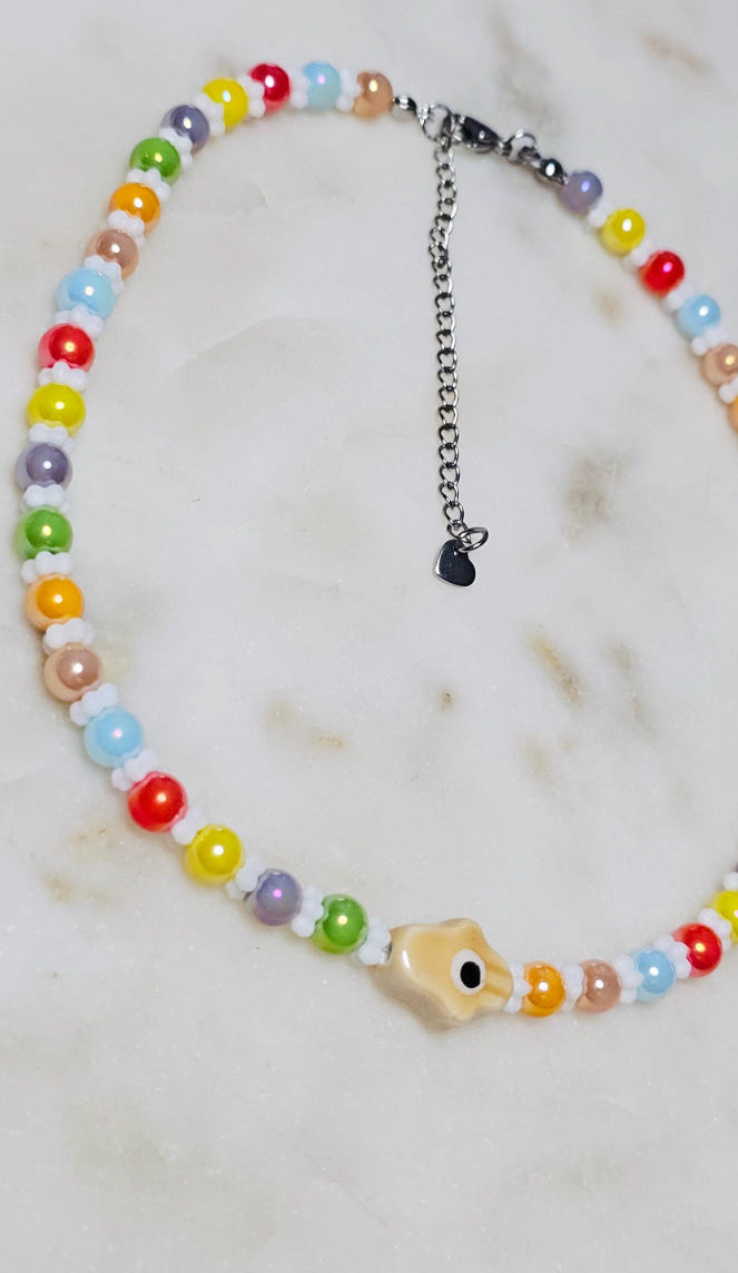 Spiritual Evil Eye Hamsa Rainbow Colorful Protective Necklace | Glass Beaded Choker | Evil Eye Bead | Czech Flower Spacers | Spiritual