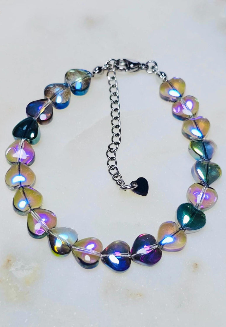 Color Shifting Glass Hearts Bracelet | Adjustable Bracelet | Heart Jewelry | Stainless Steel