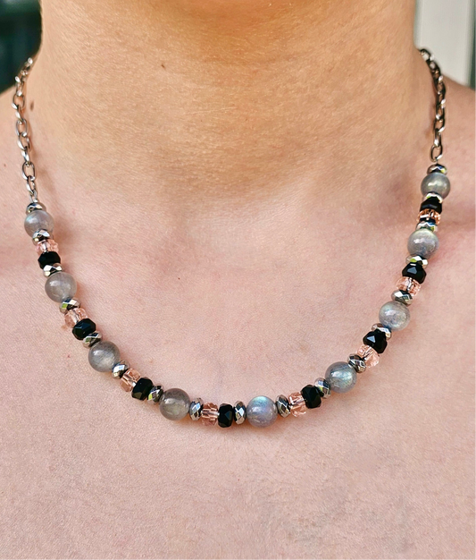 GROUNDING & PROTECTION Necklace Flashy Labradorite, Hematite, Beautiful Glass Beads with Stainless steel hardware