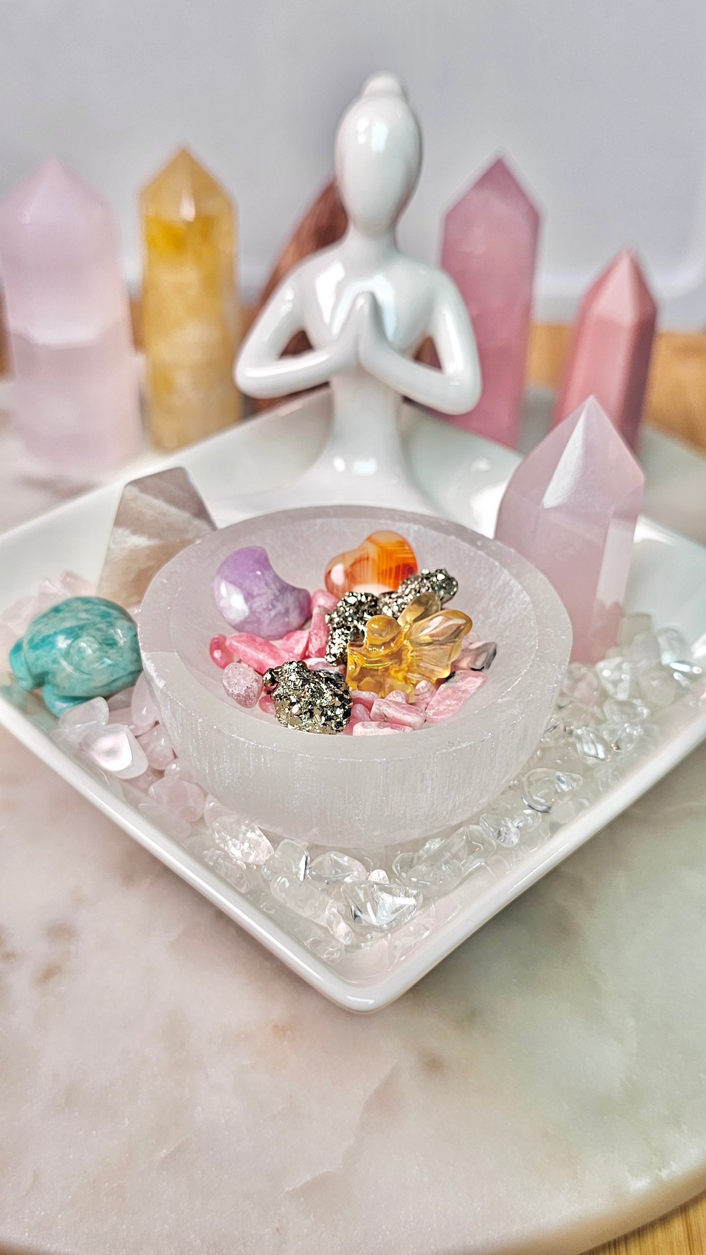 Sitting With Safe Love™ Healing Crystal Altar Set | Selenite Meditation Altar Dish, Rose Quartz, Pyrite, Lepidolite, Moonstone | Spiritual Gift | Crystals