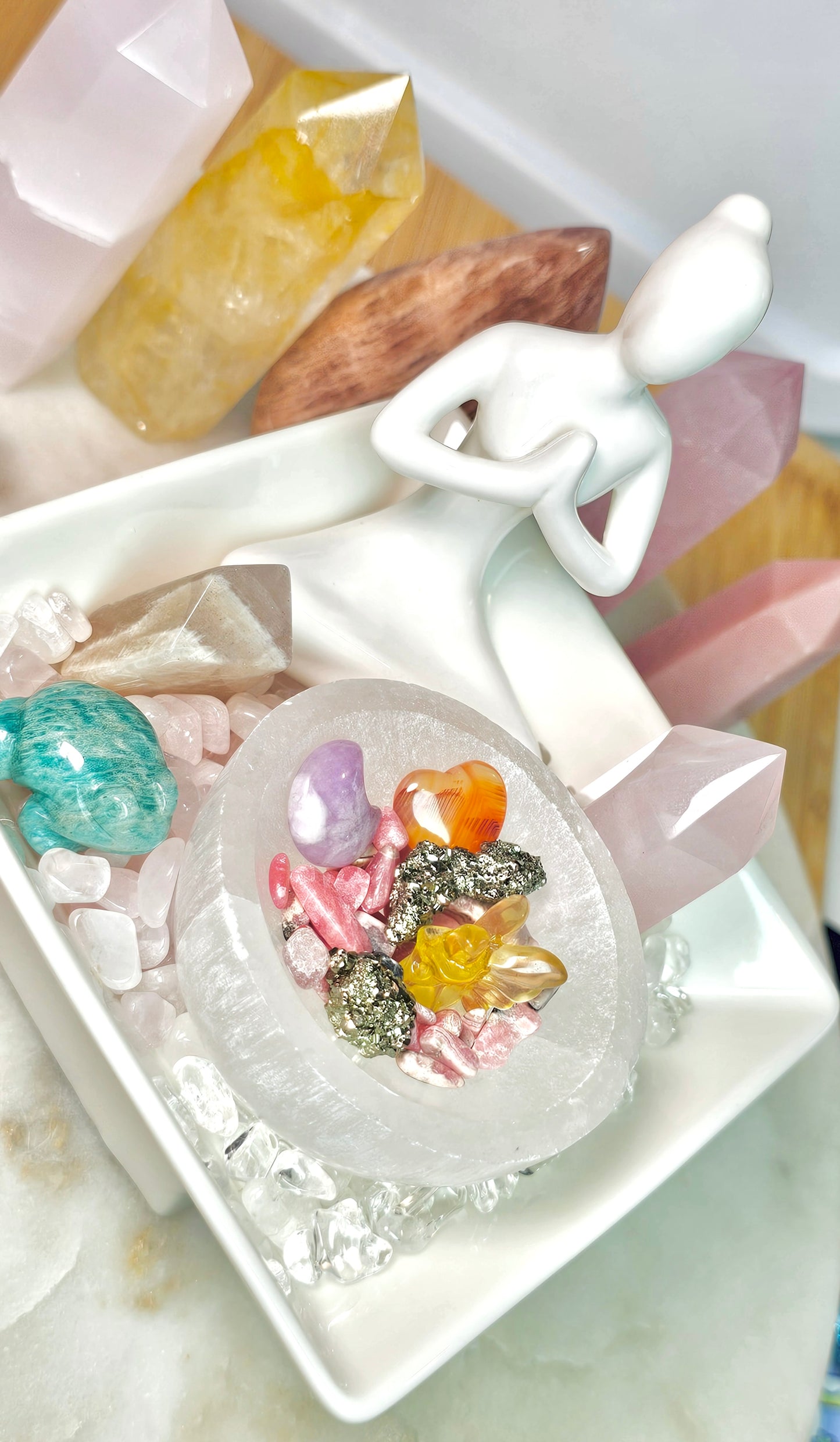 Sitting With Safe Love™ Healing Crystal Altar Set | Selenite Meditation Altar Dish, Rose Quartz, Pyrite, Lepidolite, Moonstone | Spiritual Gift | Crystals