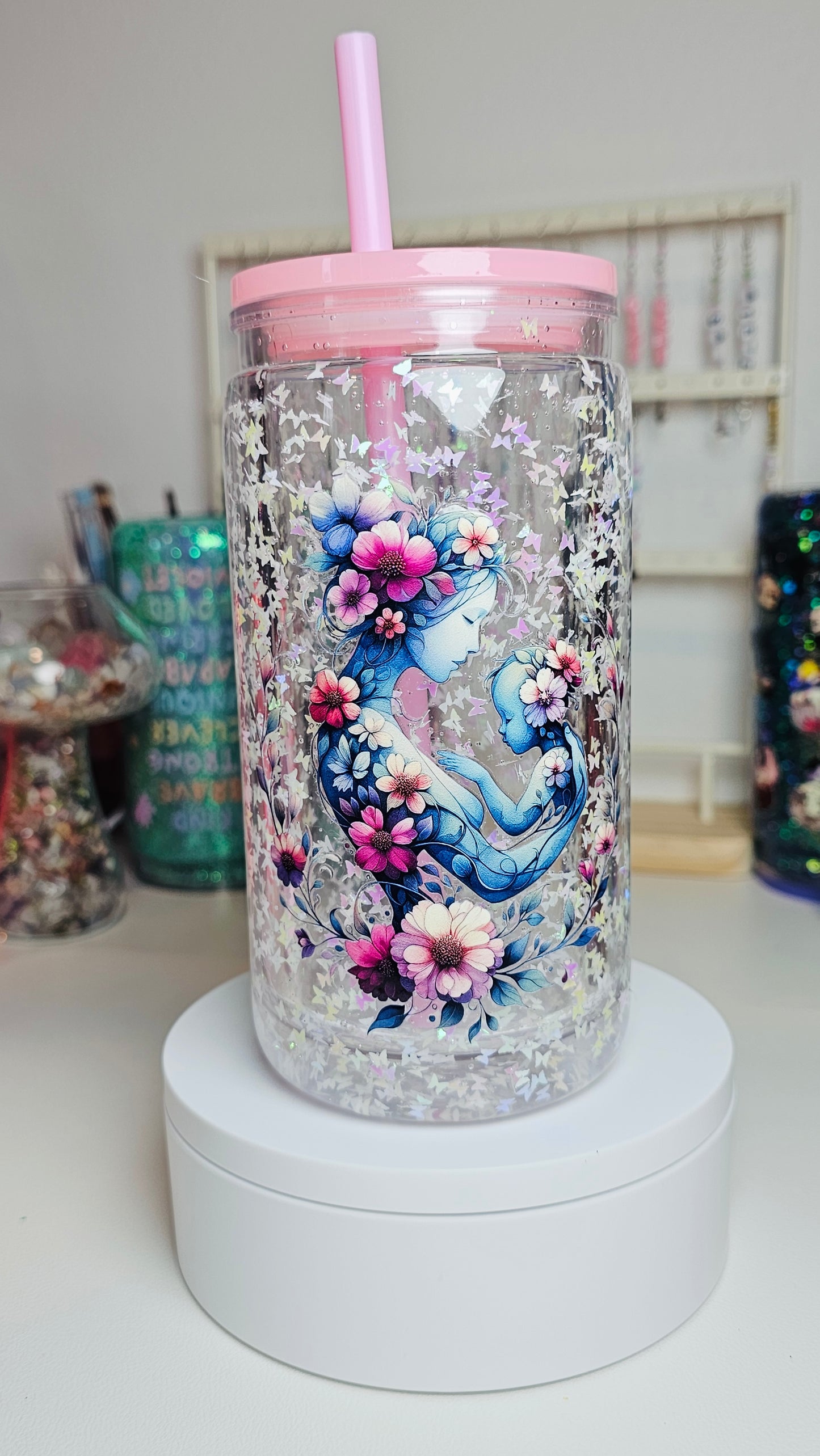 Mothers Day Mom with Baby Holographic Butterfly Glitter Snow Globe Tumbler Cup 16 oz