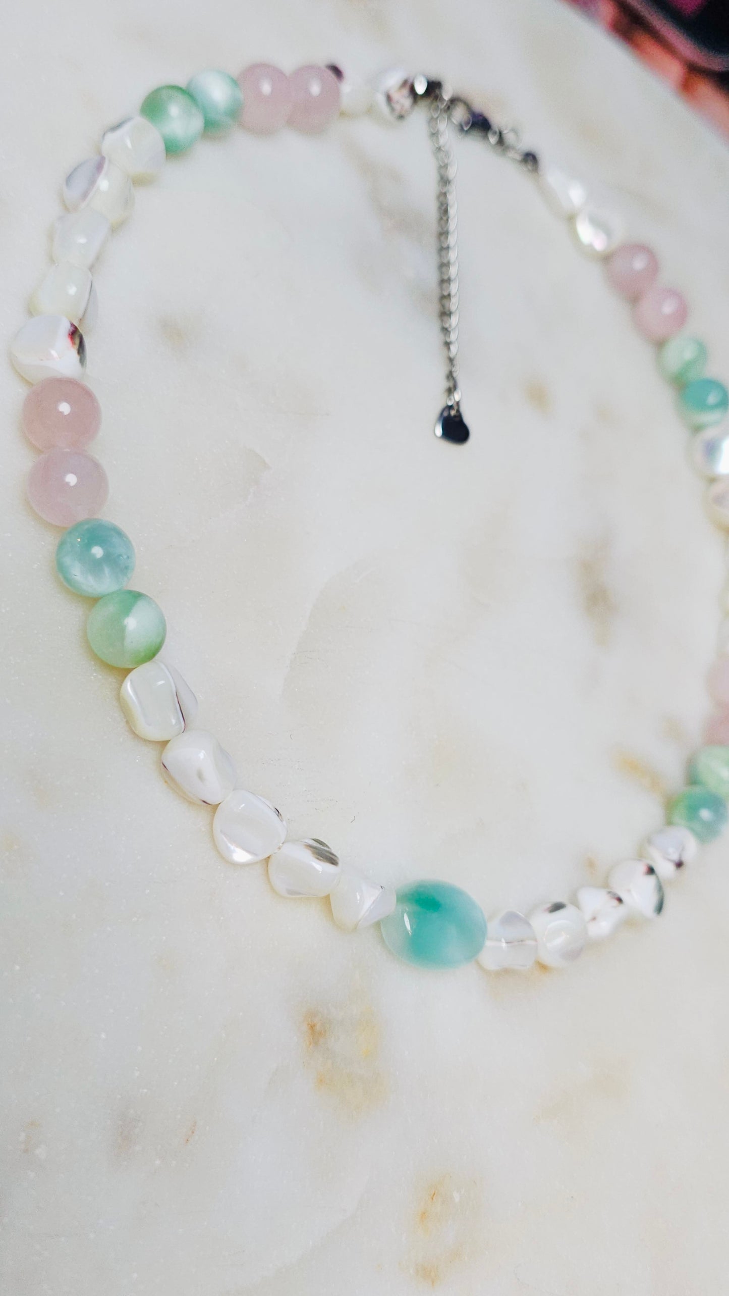 Soft As She Goes™ Heart Healing Beachy Pearl Crystal Necklace | June Birthstone | Rose Quartz Green Moonstone Pearl | Handmade | Feminine