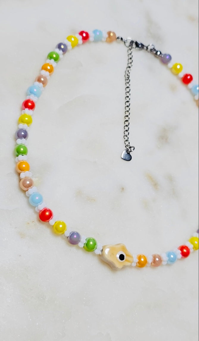 Spiritual Evil Eye Hamsa Rainbow Colorful Protective Necklace | Glass Beaded Choker | Evil Eye Bead | Czech Flower Spacers | Spiritual
