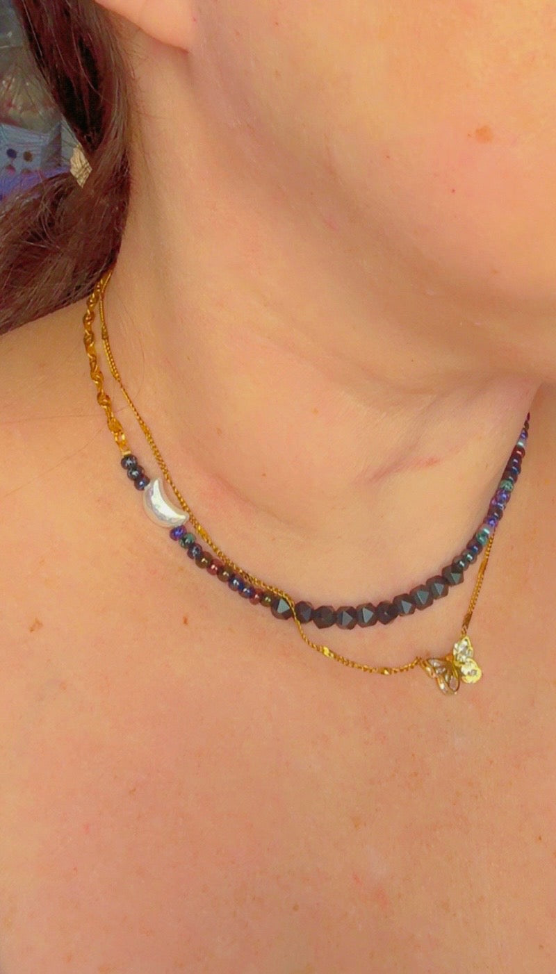 Moon Phase Protection Necklace™ | Black Onyx & Galaxy Czech Seed Beads | Stainless Steel Crystal Necklace
