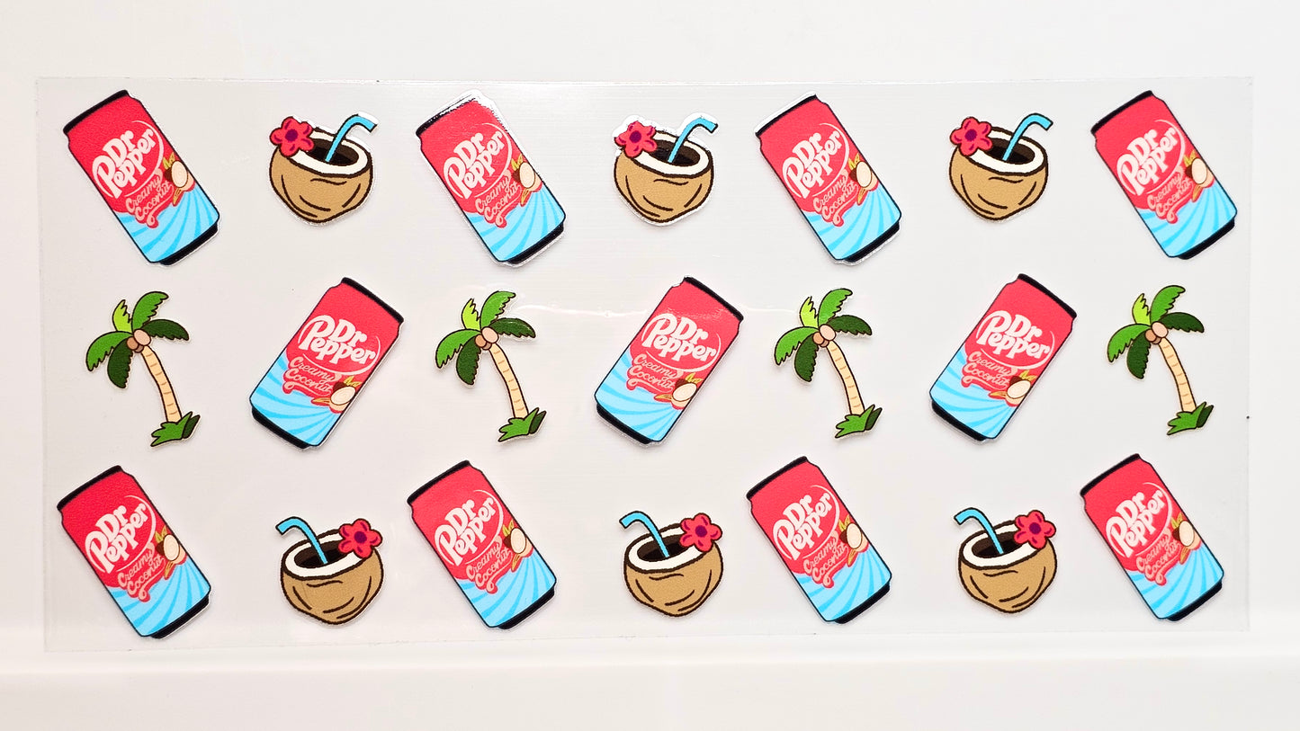 Dr Pepper with Coconuts and Palm Trees Summer Drink UVDTF Wrap 16 oz