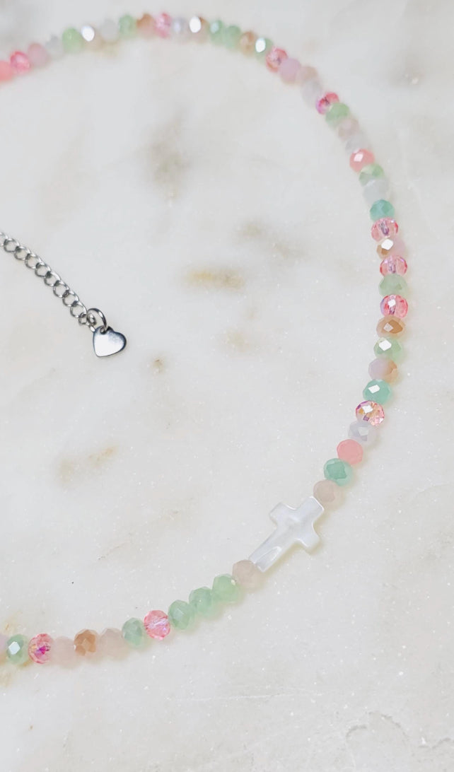 She Is Grace™ Mother of Pearl Cross Necklace | Dainty Jewelry| Multicolored Faceted Glass Rondelle Beaded Choker | Faith | Gift For Her | Stainless Steel