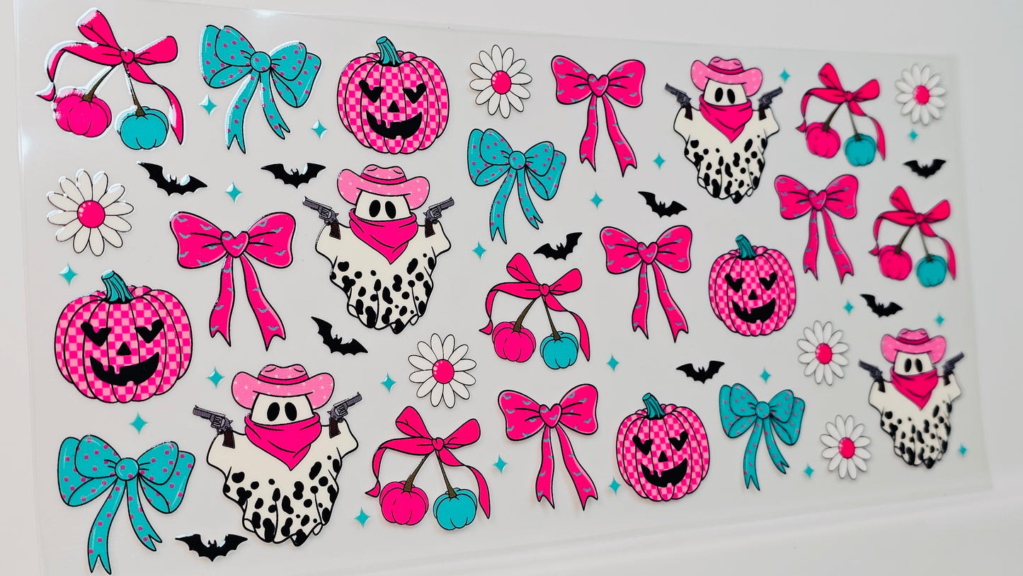 Western Halloween Cowboy Ghosties with Checkered Pumpkins Bows UVDTF Wrap 16 oz