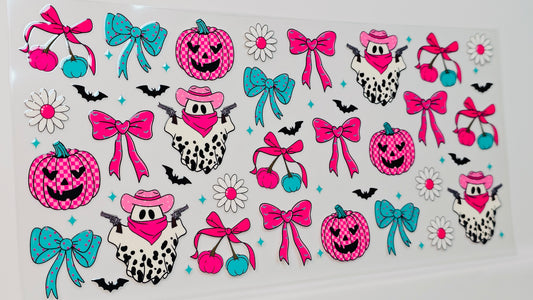 Western Halloween Cowboy Ghosties with Checkered Pumpkins Bows UVDTF Wrap 16 oz