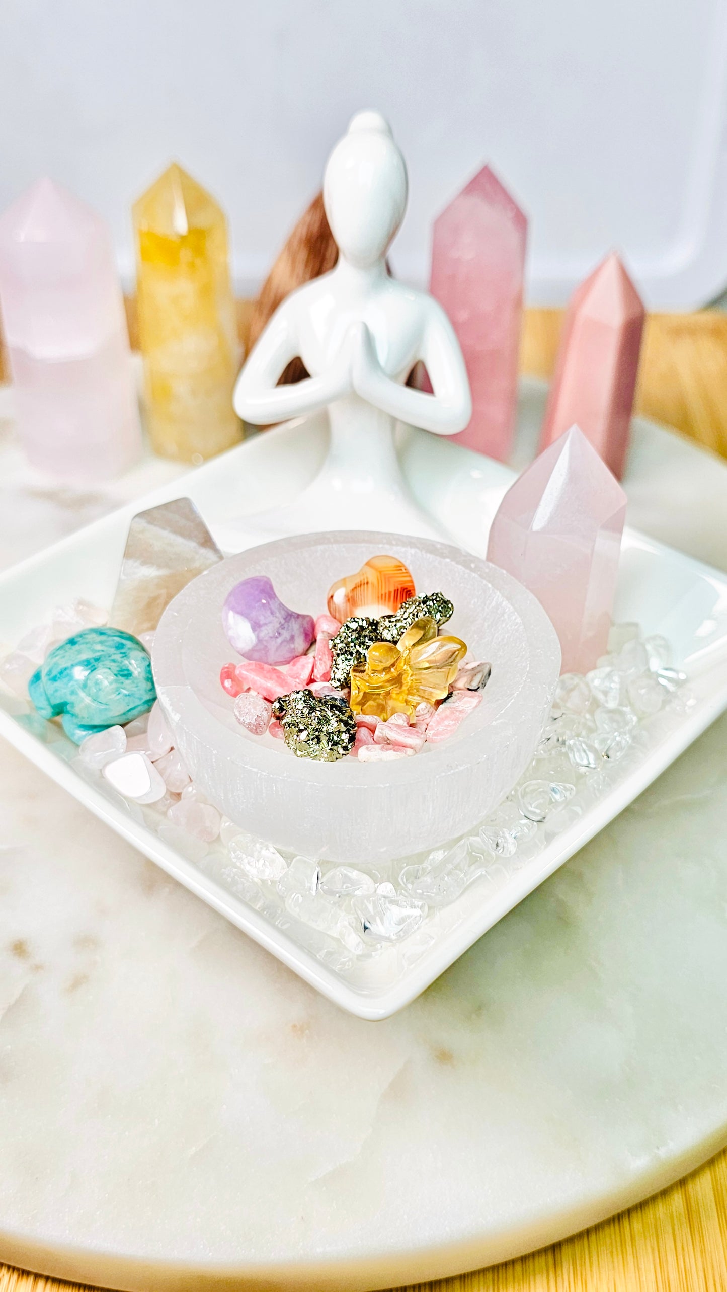 Sitting With Safe Love™ Healing Crystal Altar Set | Selenite Meditation Altar Dish, Rose Quartz, Pyrite, Lepidolite, Moonstone | Spiritual Gift | Crystals