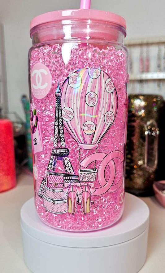 Chanel Holographic Snow Globe Tumbler Cup with Plastic gems 16 oz