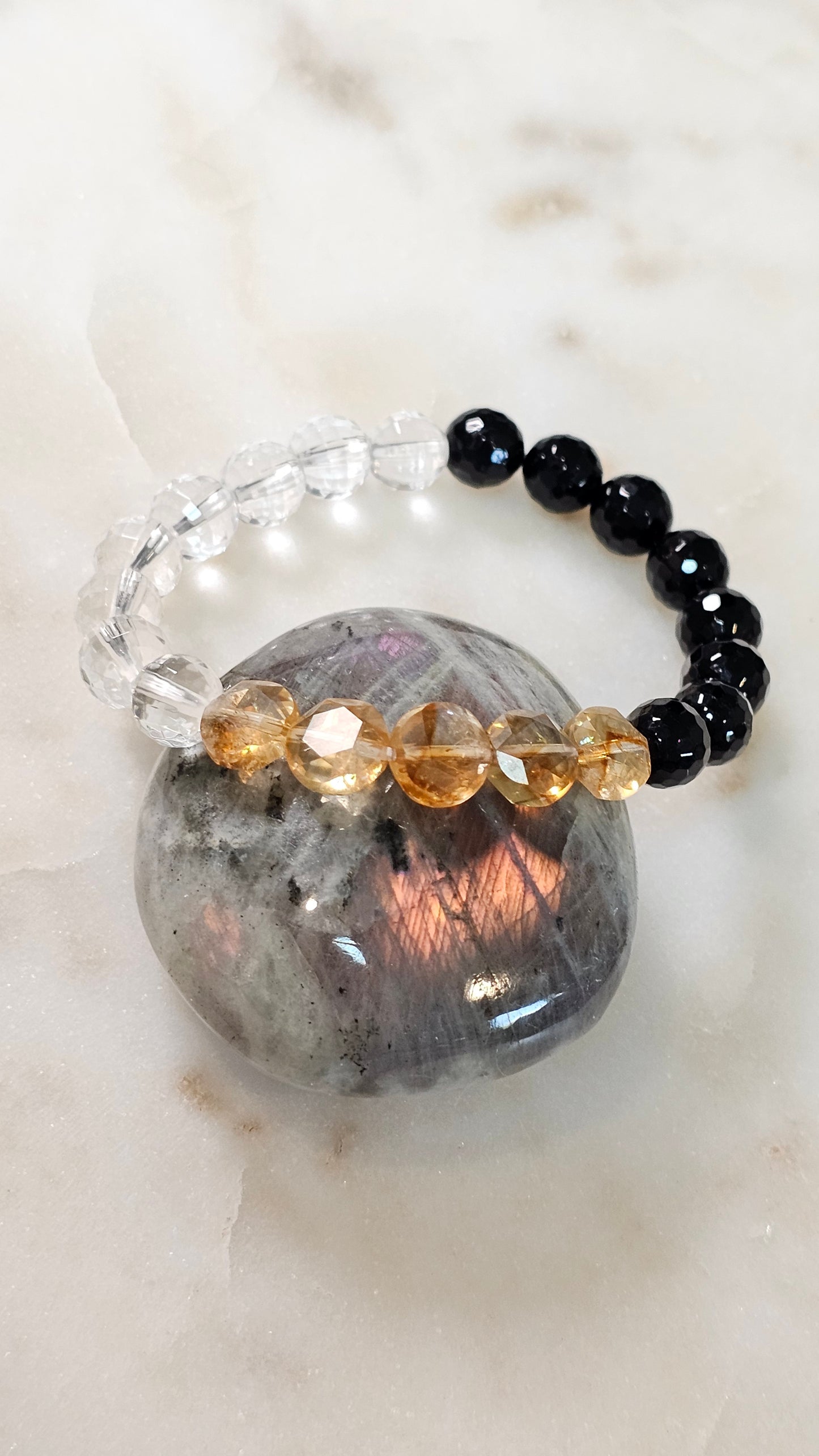Safe to Receive™ Citrine Coin Bracelet | AAA Black Tourmaline 8mm | AAA Clear Quartz 8mm | Gold Coin Abundance & Protection Energy Bracelet | Stretch Crystal Bracelet