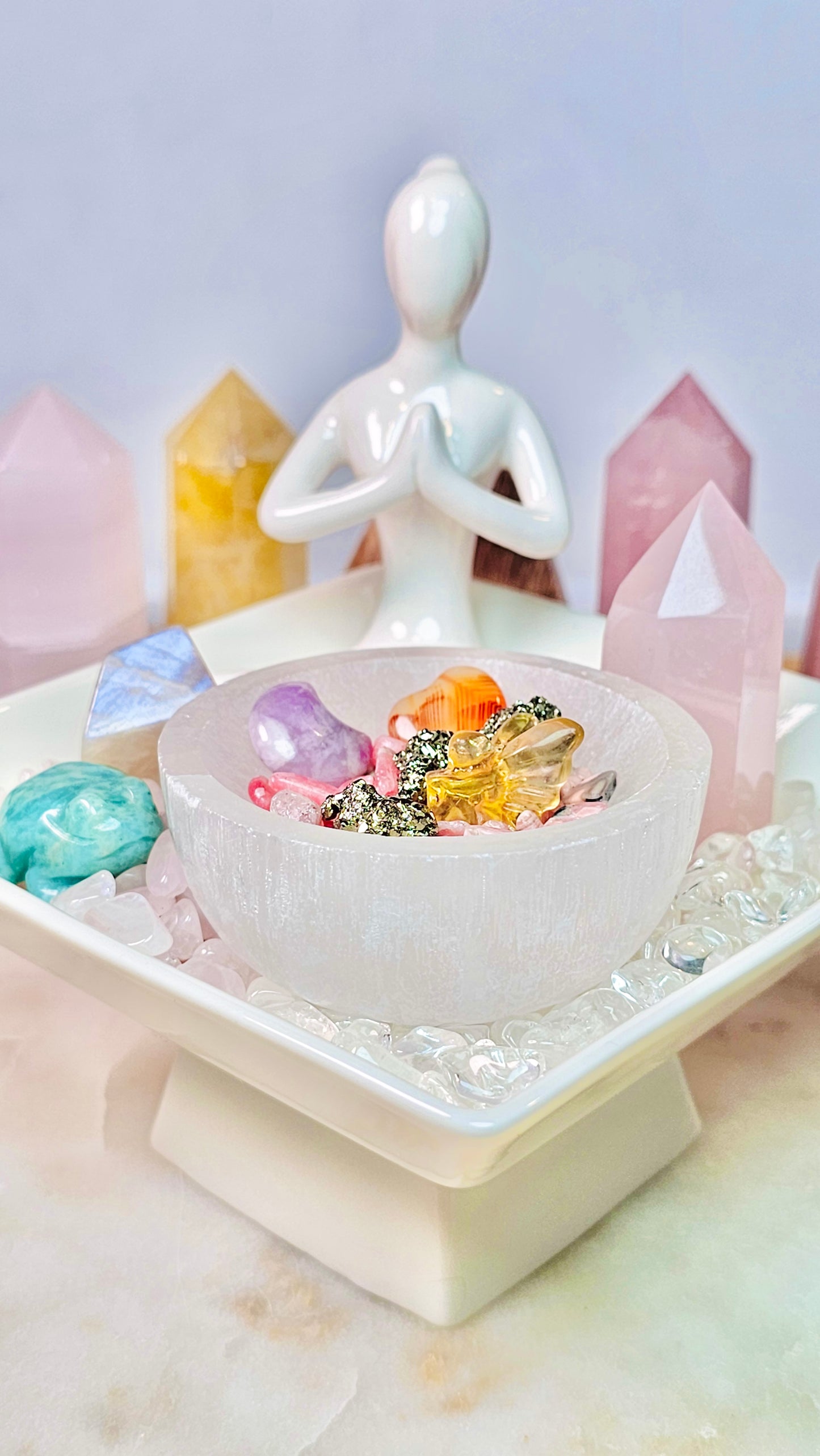 Sitting With Safe Love™ Healing Crystal Altar Set | Selenite Meditation Altar Dish, Rose Quartz, Pyrite, Lepidolite, Moonstone | Spiritual Gift | Crystals