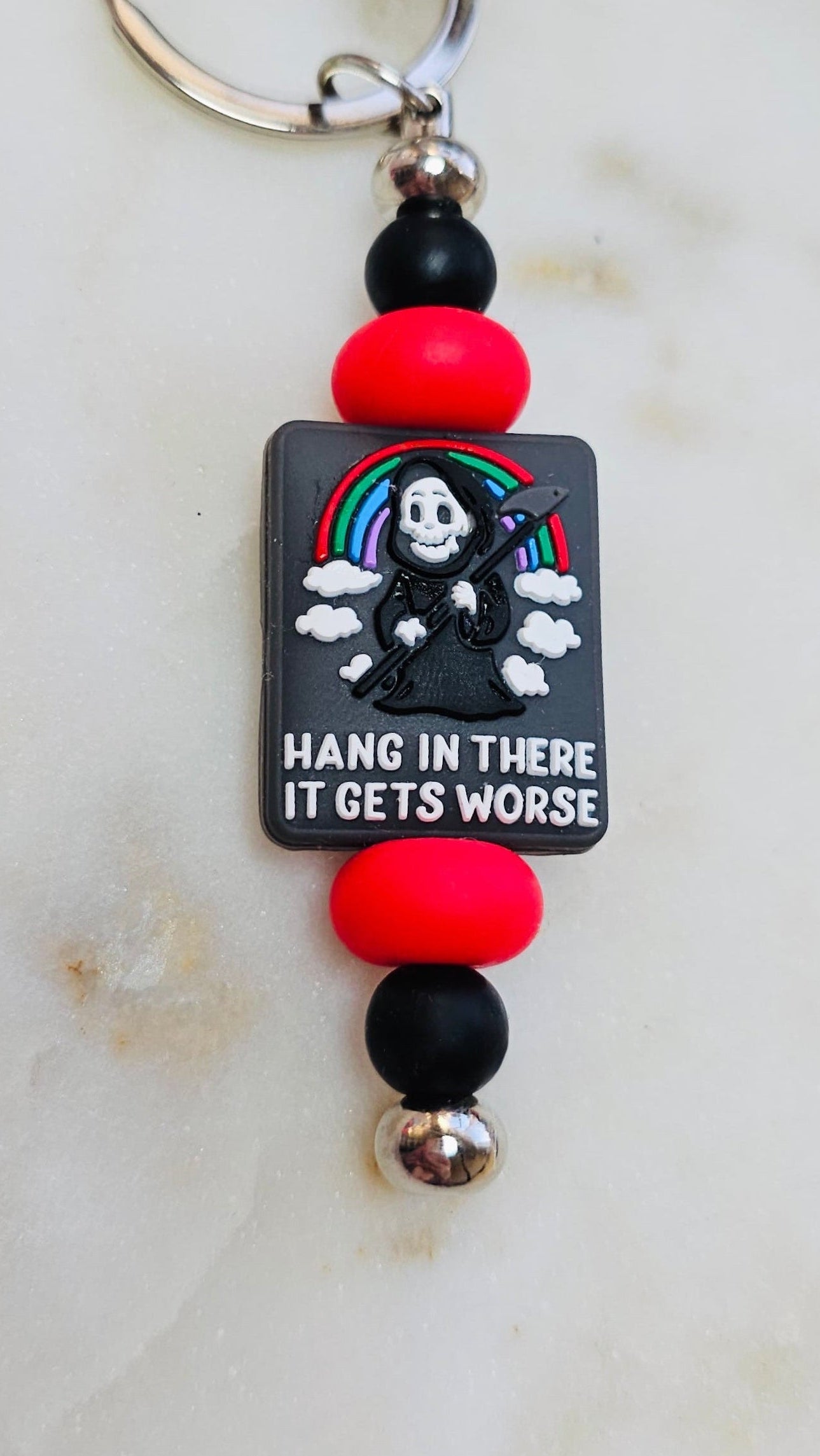 Hang in There it Gets Worse Funny Keychain | Beaded Keychain | Sarcastic Gift | Bag Charm | Purse Accessory | Gag Gift for Her
