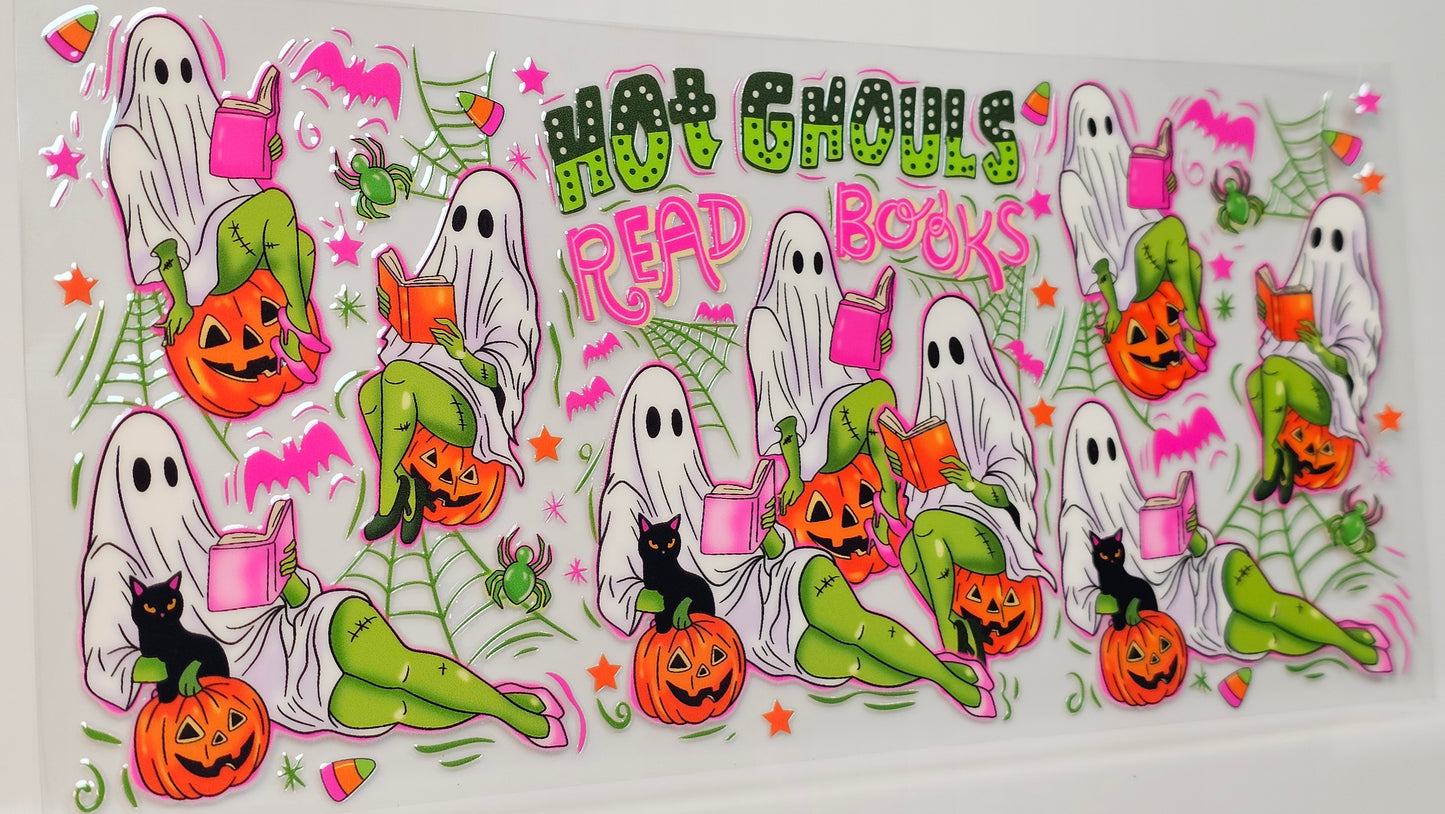 Hot Ghouls Read Books Neon Halloween Ghosties Reading Iced Coffee UVDTF Wrap 16 oz
